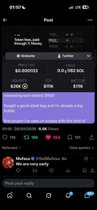 A mobile screenshot of a crypto social media post about $PAID token on Solana, showing metrics including $0.0001133 price, 26K liquidity, and $111K FDV and MKT CAP, with a user comment praising the project.