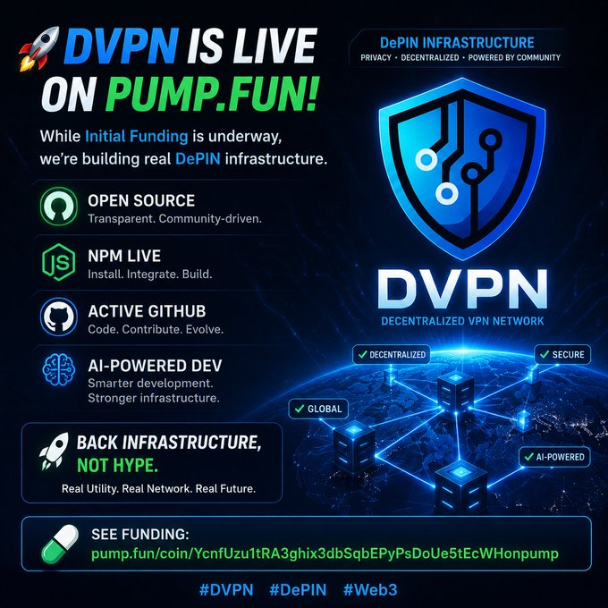 Promotional graphic for DVPN (Decentralized VPN Network) announcing it is live on pump.fun, highlighting features like open source, NPM live, active GitHub, AI-powered dev, and DePIN infrastructure with funding link pump.fun/coin/YcnfUzu1tRA3ghix3dbSqbEPyPsDoUe5tEcWHonpump.