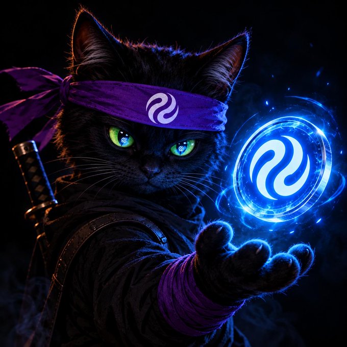 A fantasy digital artwork of a black cat dressed as a ninja with a purple headband, holding out a glowing blue orb bearing a stylized logo.