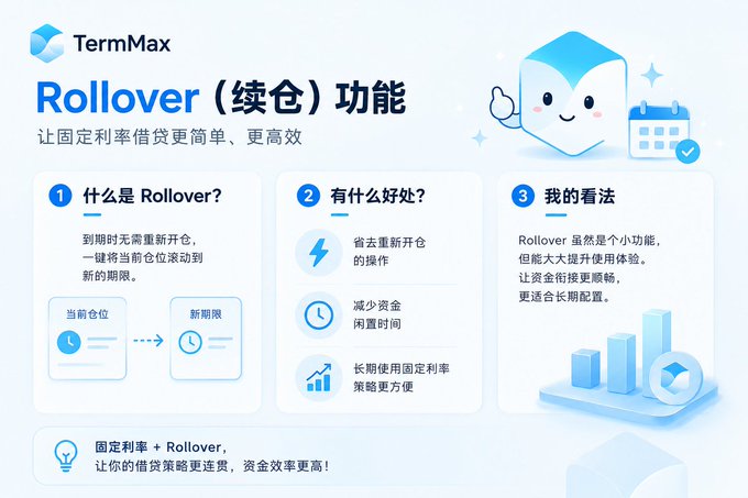 A Chinese-language infographic by TermMax explaining the 'Rollover' (续仓) feature for fixed-rate lending.