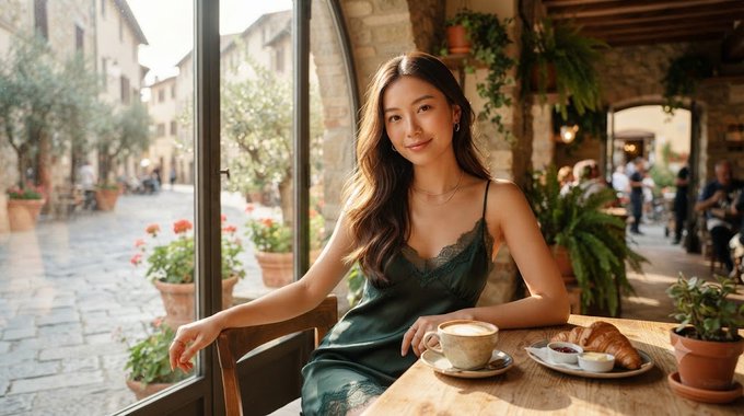 A woman in a dark green satin dress sitting at a café table with coffee, a croissant, and jam, looking out a window at a charming cobblestone street in a European town.
