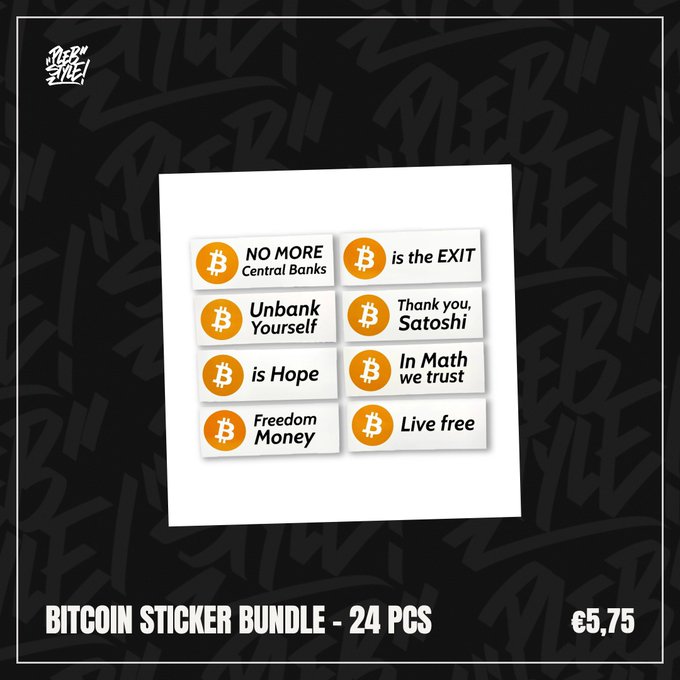 A product advertisement for a Bitcoin Sticker Bundle containing 24 pieces priced at €5.75, featuring slogans like 'NO MORE Central Banks,' 'Unbank Yourself,' and 'In Math we trust' on orange Bitcoin logos.