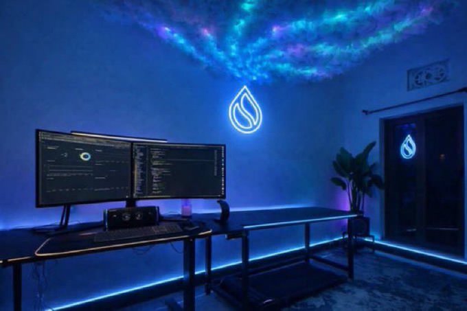 A dark gaming/workspace setup featuring dual monitors, RGB lighting strips, and a blue flame/teardrop neon light on the wall.