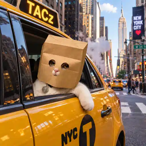 A fluffy white cat with a paper bag over its head leans out the window of a yellow NYC taxi displaying "TACZ" on its rooftop sign and "NYC" with a "T" logo on the door, set against a bustling New York City street with the Empire State Building in the background. The image whimsically visualizes the "TACZ" token as the cat taxi cruising through the city, tying into the post's playful discussion of holding $TACZ to receive $ZCAT and $ZCAT to receive $ZEC in a crypto flywheel.