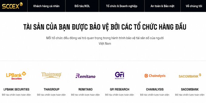 This image features a promotional banner for the cryptocurrency exchange SCCEX, highlighting that user assets are "protected by leading organizations." It displays logos for various partners, including LPBank Securities, Thaigroup, Remitano, GFI Research, Chainalysis, and SACOBANK.