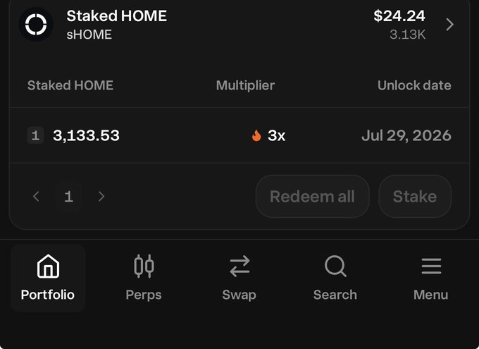 This image shows a staked HOME balance of $24.24, down significantly from its past value, illustrating the post's warning about staking tokens for an "airdrop".
