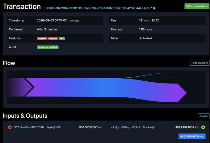 A cryptocurrency transaction details page shows a transaction hash, a fee of 191 sats ($0.12), a flow diagram, and inputs & outputs of 500.00000000 BTC.