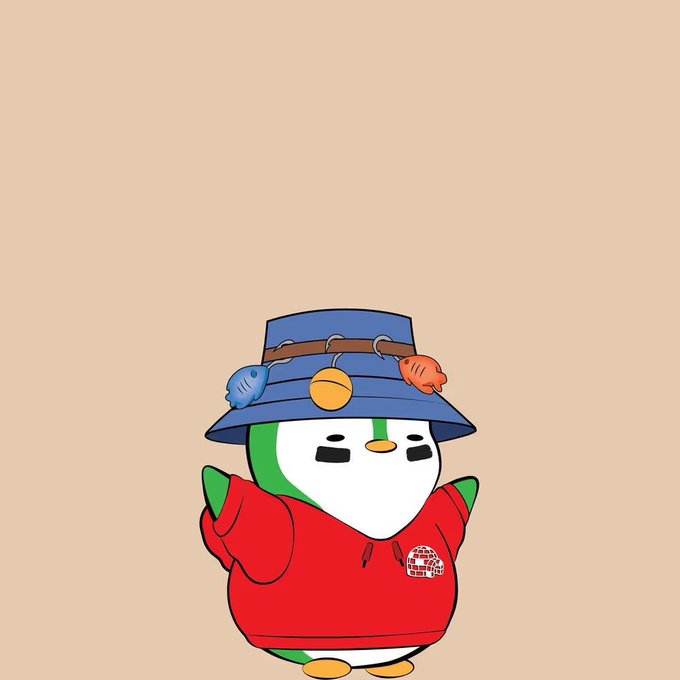 The image features a cartoon penguin wearing a red shirt, blue hat with fish on it, and holding a fishing pole. The background of the image is a light beige color. The caption below the image reads "If I'm gonna own ETH I prefer to do it in penguins."