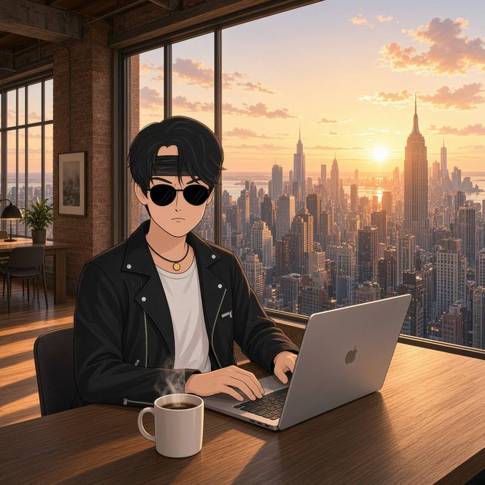 An anime-style illustration of a young man with black hair and round sunglasses wearing a black leather jacket, working on a MacBook laptop with a coffee mug, with a sunset city skyline of New York visible through a large window.