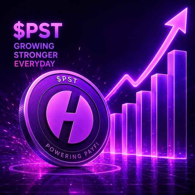 A purple promotional graphic for $PST cryptocurrency displays a coin and the text '$PST Growing Stronger Everyday' and 'Powering PayFi' alongside an ascending bar chart with an upward arrow.