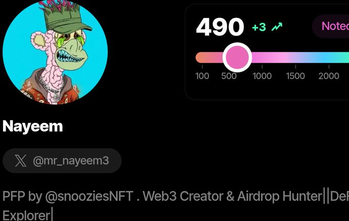 Profile screenshot of a user named Nayeem (@mr_nayeem3), a Web3 Creator and Airdrop Hunter, showing a reptile avatar PFP and a score of 490.