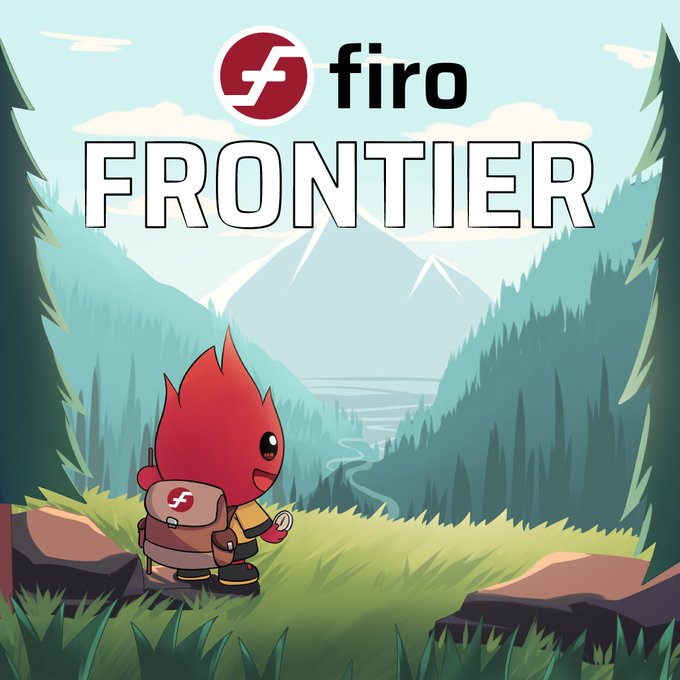 The image shows a cartoon red flame-like character with a backpack standing on a grassy cliff overlooking a misty mountain valley and winding river, with the "firo" logo and the word "FRONTIER" displayed prominently above. It serves as the illustrated cover for the Firo Frontier newsletter, visually evoking the theme of exploration and frontier discovery referenced in the accompanying announcement.
