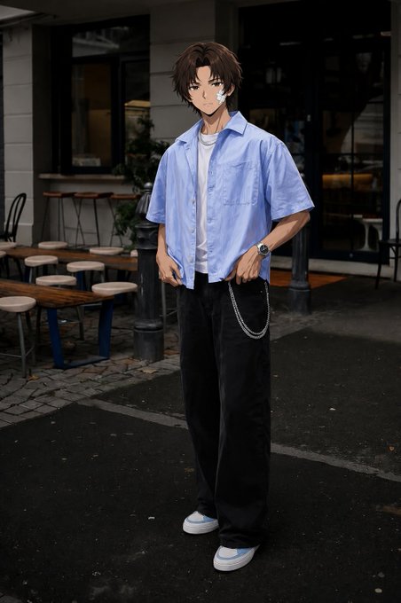 Anime-style portrait of a young man in a light blue short-sleeved shirt, black pants with a silver chain, and blue sneakers standing in an urban street setting.