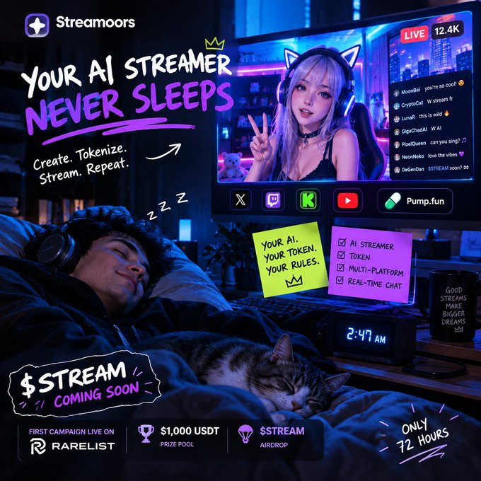 A vibrant promotional graphic for 'Streamoors' featuring a person sleeping next to an AI streamer with purple hair on a monitor, with text reading 'YOUR AI STREAMER NEVER SLEEPS' and '$STREAM COMING SOON'.