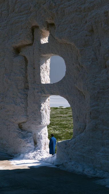 A person in a blue robe stands in the doorway of a white stone building carved to resemble a large figure, looking out over a green landscape.