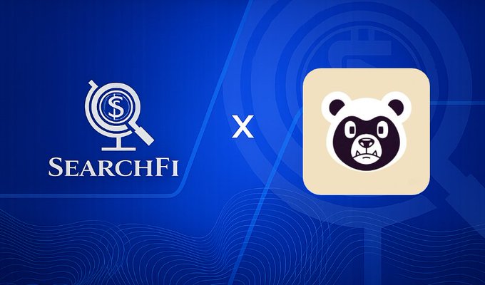 A promotional graphic showing the SearchFi logo (featuring a magnifying glass over a dollar sign) and a bear mascot icon separated by an 'x' on a blue background, suggesting a partnership or collaboration between the two brands.