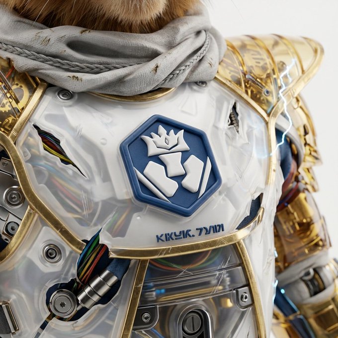 A close-up of futuristic white and gold armor on a character, featuring a blue hexagonal emblem with a crown design and text that reads 'KIKIK. 7\AM'.
