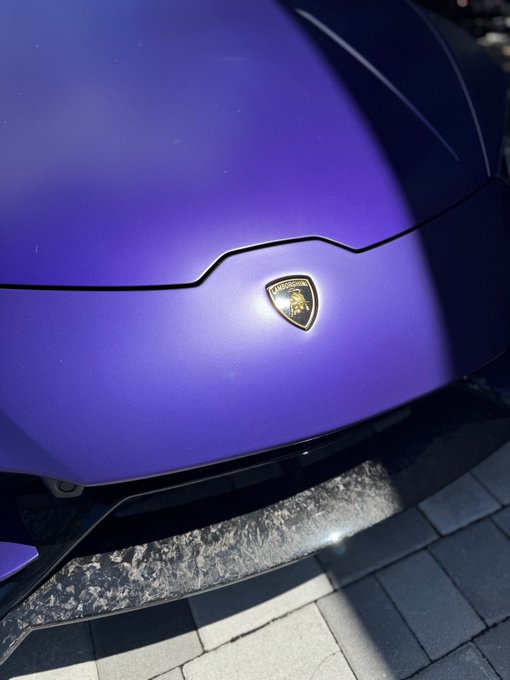 A close-up of the front hood of a matte purple Lamborghini, featuring the iconic gold bull emblem badge.