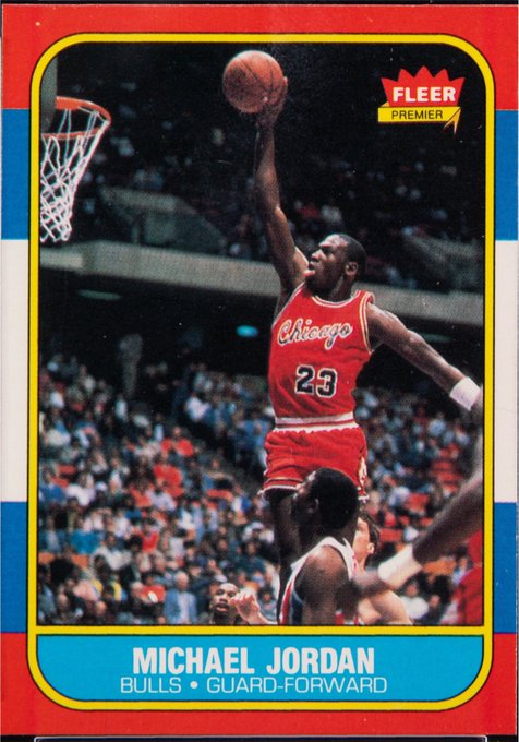 Vintage Fleer Premier basketball trading card of Michael Jordan, Chicago Bulls #23, Guard-Forward, showing him mid-air going for a layup.