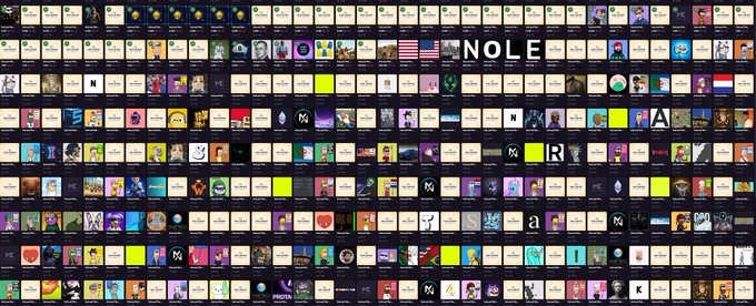This image displays a vast collection of NFTs available on the Magic Eden marketplace, as indicated by the text "magiceden.io/marketplace/" present in the accompanying text. The grid layout of individual NFT listings visually represents the "wide open marketplace" mentioned in the post, contrasting with the idea of a "full grid" from a claimed drop.