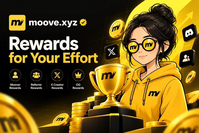 A promotional graphic for 'moove.xyz' advertises 'Rewards for Your Effort,' featuring an anime-style character in a yellow hoodie and glasses, surrounded by gold coins and a trophy.