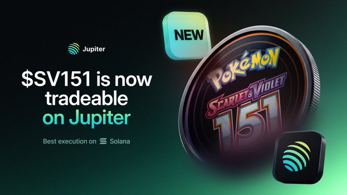 The image displays an advertisement for a trading platform that allows users to trade Pokémon cards such as "Scary & Violet" using their credit cards or other payment methods. The advertisement highlights the convenience of trading across various Jupiter platforms, making it accessible to a wide range of users. The text on the post emphasizes this feature and mentions that the platform is also available for users on Jupiter Trading Venues, giving more insight into how the platform operates.