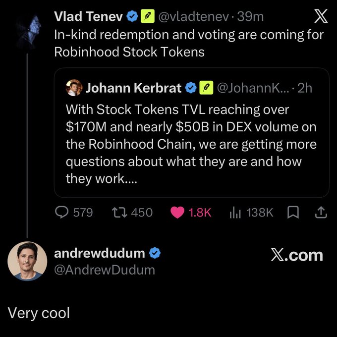 The image shows an X post by Vlad Tenev (@vladtenev) quoting Johann Kerbrat (@JohannK...), announcing that in-kind redemption and voting are coming for Robinhood Stock Tokens, highlighting that Stock Tokens TVL has reached over $170M with nearly $50B in DEX volume on the Robinhood Chain. Andrew Dudum (@AndrewDudum), CEO of HIMS, replies "Very cool," aligning with the accompanying post noting him as the first major public company CEO to endorse $HOOD stock tokens, with $HIMS being a top 15 stock token on the Robinhood Chain by amount held.
