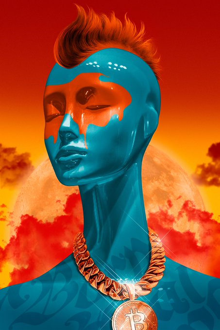A stylized blue-skinned figure with orange face paint and a fiery red mohawk wears a gold Bitcoin medallion, set against a vivid red sunset. The artwork visually reinforces the post's celebration of digital art on the Ethereum blockchain, with the Bitcoin necklace adding a playful nod to crypto culture and its "QT" (cuties/NFTs) call-to-action.