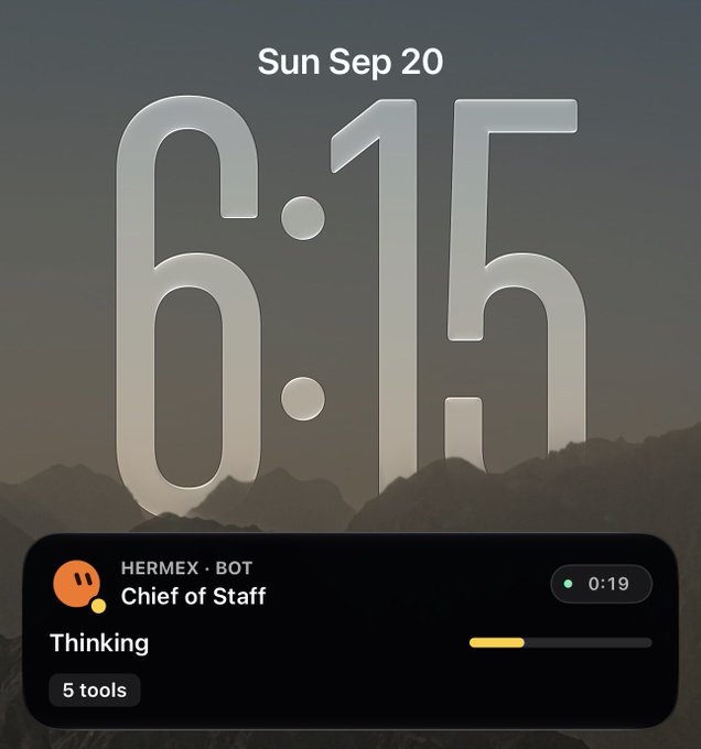 An iPhone lock screen displaying 'Sun Sep 20' and '6:15' with a notification from 'HERMEX · BOT Chief of Staff' indicating it is 'Thinking' using 5 tools.
