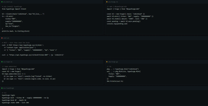 A screenshot showing multiple code editor windows with Go source code for a hyperledger fabric application, including files like hyperledger.go, chain.go, rest.go, utils.go, mongo.go, and settings, alongside terminal commands for starting a hyperledger network.