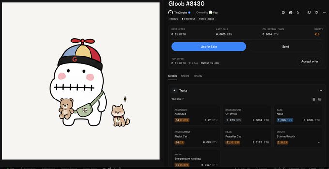 A web interface showing 'Gloob #8430' NFT details, including a cartoon character wearing a propeller hat with a 'G' logo, holding a teddy bear, with traits like 'BACKGROUND: Off White', 'BASE: None', 'ENVIRONMENT: Playful Cat', and 'HEAD: Propeller Cap'.