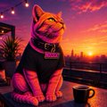 An AI-generated image shows a cat wearing a t-shirt, sitting at a table with a cup of coffee against a sunset cityscape background.