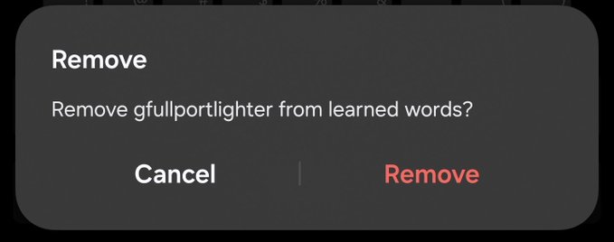 A dark-themed confirmation dialog titled 'Remove' asks 'Remove gfullportlighter from learned words?' with 'Cancel' and a red 'Remove' button option.