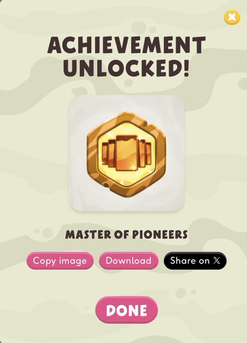 An "Achievement Unlocked!" screen displays the "Master of Pioneers" badge, a hexagonal gold and orange emblem featuring a stylized accordion-like design, reinforcing the post's celebration of earning the badge in the Claynosaurz collection game.