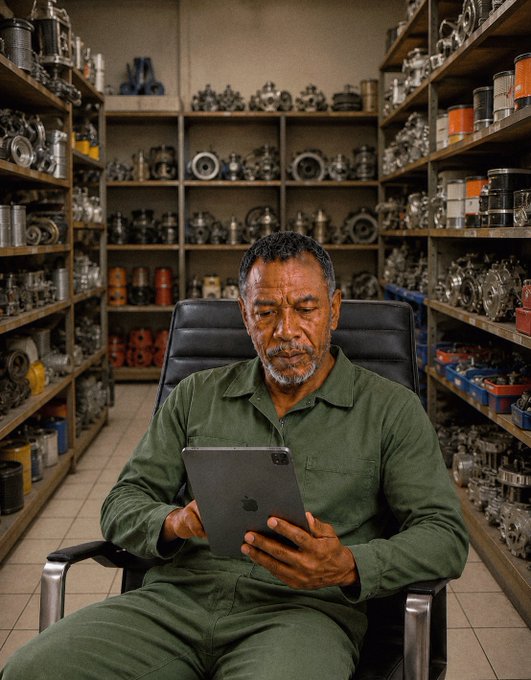 A man in green coveralls sits in a chair holding an iPad, surrounded by shelves stocked with various mechanical parts and components in what appears to be an industrial workshop or parts storage room.

The image seems unrelated to the post about mutual interactions on 𝕏 (Twitter), as it depicts a workplace setting rather than any social media context.