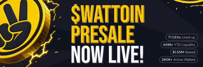 A promotional banner for '$WATTTOIN PRESALE NOW LIVE!' featuring a yellow lightning bolt coin logo and listing stats: T1 CEX Lined up, 449K+ YTD Liquidity, $1.55M Raised, and 260K+ Active Wallets.