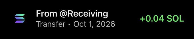 The image shows a transaction receipt of "+0.04 SOL" received from @Receiving as a transfer dated Oct 1, 2026, likely serving as visual evidence to promote the legitimacy of the "FASTSOLANAGIVEAWAY" being advertised in the post.