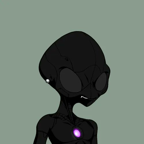 A digital illustration of a slender, black alien-like figure with large dark eyes and a glowing purple orb on its chest against a green background.
