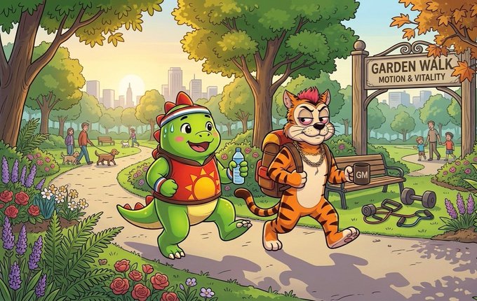 The image features two cartoon characters, a green dinosaur (or alligator) wearing a red shirt and a tiger cat (or lion), walking together down a path while carrying backpacks. The scene takes place outdoors at a park with trees and people in the background. The post mentions that @sleepagotchi stands out because it combines health tracking gamification and web3, which is an interesting concept to explore for those interested in both wellness apps and web3 technology.