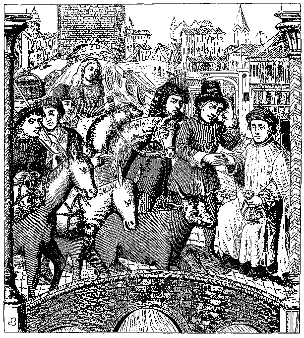 A black-and-white historical illustration depicts a group of people, including riders on horseback, crossing a stone bridge in a town setting.