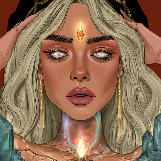 A close-up digital illustration of a mystical woman with flowing blonde hair, a glowing amber gem on her forehead, luminous white eyes, and a cosmic ember of light emanating from her chest, accompanied by golden hands near her head. The artwork, titled "Cosmic Ember," visually embodies the post's themes of holding a hidden, captivating universe-spark within oneself through ethereal lighting and celestial imagery.
