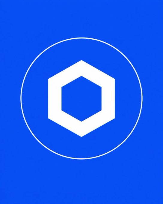 A minimalist white hexagon logo enclosed in a circle on a solid blue background.