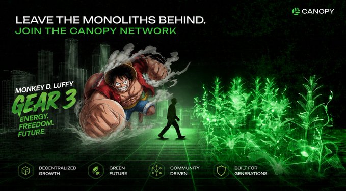 The image features a poster for Gear 3, which is an animated movie about a character named Mario. The poster includes a man walking through a city with buildings behind him, as well as a green forest nearby. The text on the poster encourages people to join the "CNPY Network" and explains that it's a quiet revolution happening across crypto.