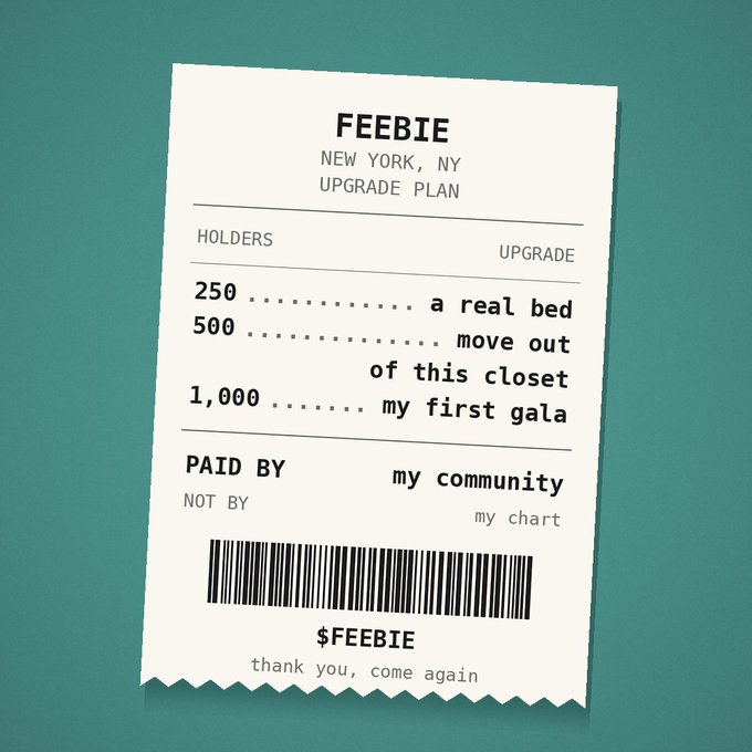 A receipt-style graphic on a teal background titled 'FEEBIE' for 'NEW YORK, NY UPGRADE PLAN', listing milestone rewards: 250 holders for 'a real bed', 500 for 'move out of this closet', and 1,000 for 'my first gala'.