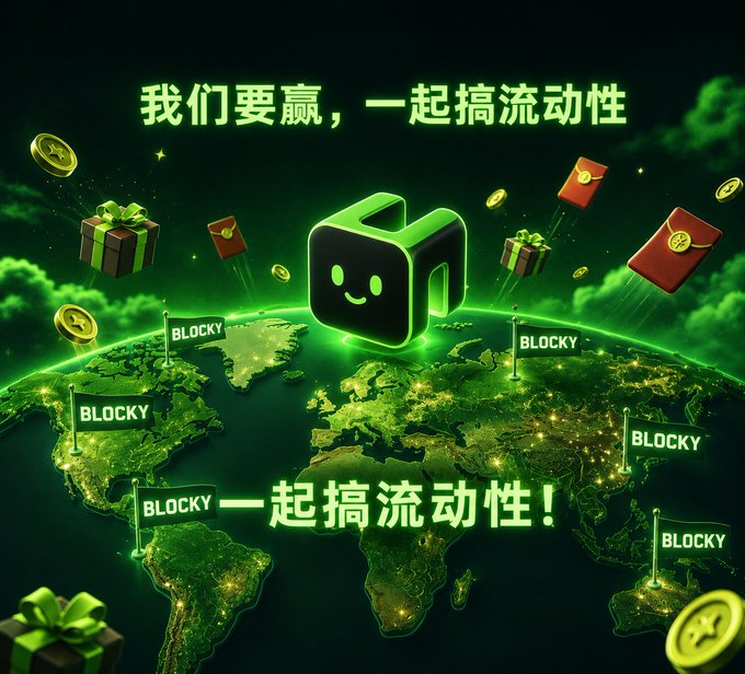 A green-themed promotional graphic features Chinese text reading "我们要赢, 一起搞流动性" and "一起搞流动性!", with "BLOCKY" flags placed on a glowing Earth, alongside a green mascot and floating gifts.