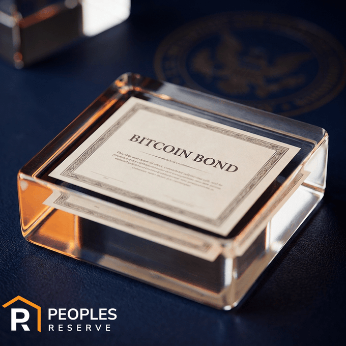 The image features a clear glass container holding a certificate labeled "BICOIN Bond". This certificate serves as an indication of a monetary bond worth 100 cents, protected by Bitcoin technology against any downside or negative effects associated with traditional bonds such as interest rate increases or inflation. In addition, this asset provides investors the flexibility to borrow against its par value without depleting the cash reserves.