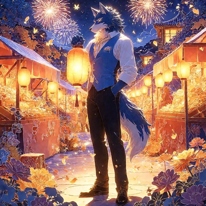 An anime-style illustration of an anthropomorphic wolf character in a blue vest holding a glowing lantern, standing in a festive night market with fireworks, paper lanterns, and colorful flowers.