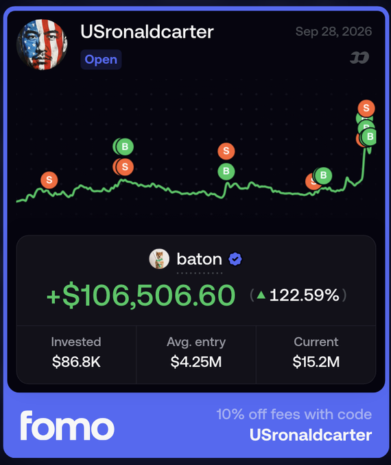 The image displays a trading performance card from the "fomo" platform showing user "USronaldcarter" with a +$106,506.60 gain (122.59%) on $BATON, marked with multiple buy/sell points on a price chart dated Sep 28, 2026, and featuring a promo code "USronaldcarter" for 10% off fees. The graphic visually supports the post's bragging about easy profitable trades on $SI and $BATON, showcasing the trader's $BATON success to promote both their giveaway and the platform.