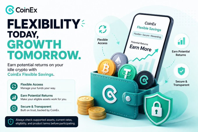 CoinEx advertisement banner reading 'FLEXIBILITY TODAY, GROWTH TOMORROW' promoting their Flexible Savings product with features including Flexible Access, Earn Potential Returns, and Secure & Transparent.