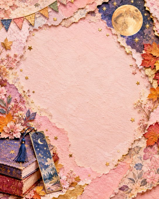 A whimsical pink journal page framed by autumn leaves, stacked storybooks, a tasseled bookmark, and a full moon under a starry sky, with a large blank center perfect for a "Good Morning" greeting.